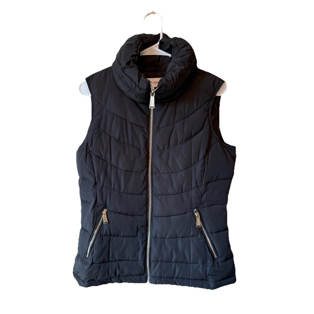 Calvin Klein Duck Down Puffer Vest Women's Small Black Full Gold Zip Sleeveless